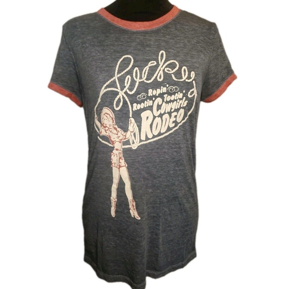 Lucky Brand Women's Sz S Cowgirl Ringer T Shirt Distressed Rodeo Grey Red Vtg